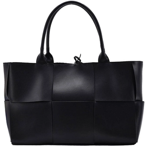 Classic black woven leather tote bag with dual handles and spacious interior design