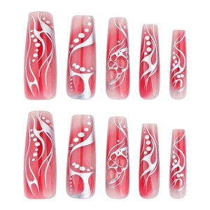 Long trapezoid press-on nails with red ombre gradient and silver abstract wave patterns