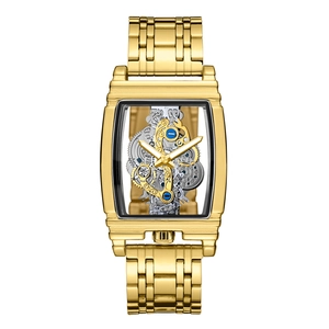 Mens gold tonneau mechanical watch with hollow square dial and visible silver gears