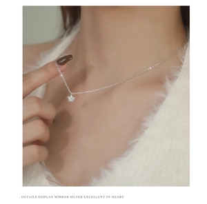Close-up of star-shaped zircon pendant on a silver necklace worn by a model