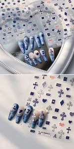 3D embossed denim style nail stickers featuring blue stars and heart patterns