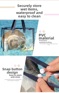 Macro shot of waterproof PVC beach bag featuring secure snap closure and reinforced stitching