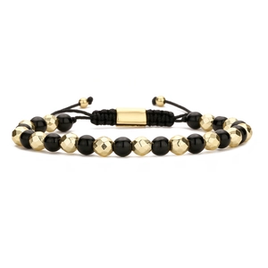 Adjustable hematite woven bracelet with gold faceted beads and black matte finish