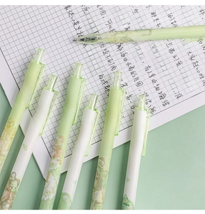 Detail showing a Matcha Party green retractable gel pen writing on grid paper in use