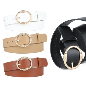 Set of four women's PU leather belts with gold bow buckles in black, white, and brown