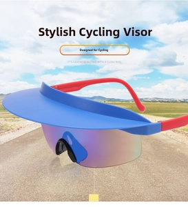 Close-up of frameless cycling sunglasses with blue top visor and red temple tips