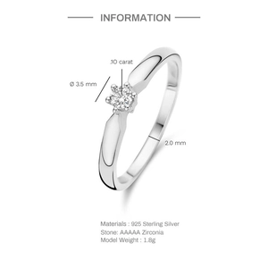 Detailed view of s925 sterling silver ring with 0.10ct round zirconia in 6-prong setting