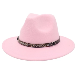 Pink flat-brim wool felt fedora with ethnic style leather band and metal ring decoration