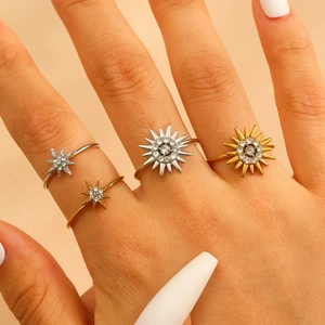 Star-patterned stainless steel open rings with zircons in gold and silver set