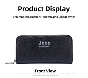 Detailed view of black textured leather long wallet with zipper and metal brand logo