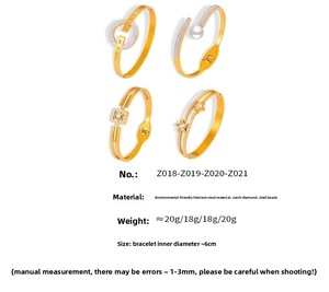 Detail view of four gold-plated titanium steel bangles with crystals and pearls