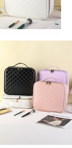 Detailed view of quilted makeup bags in four colors with handle and gold zippers
