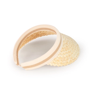 Detail view of woven straw sun visor featuring a beige striped inner sweatband