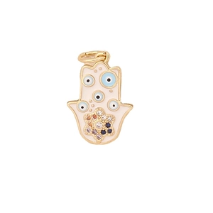 Gold Hamsa hand pendant with white enamel, blue eyes, and colorful rhinestone hexagram