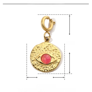 Macro detail of gold stainless steel Evil Eye pendant with red natural stone and dimensions