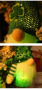 Macro shot of green sequin hat with shamrock and glowing light feature on the gnome