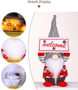 Detail of Christmas gnome with LED sign showing soft beard and battery compartment