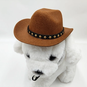 Brown felt cowboy hat for pets with gold star studs shown on a white plush dog model