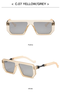 Front and 45-degree views of square yellow transparent sunglasses with grey lenses