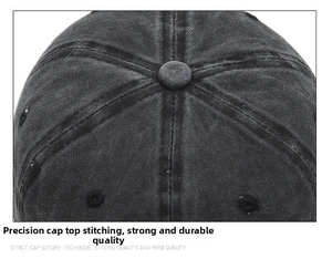 Detail shot of vintage washed denim baseball cap crown with durable reinforced stitching