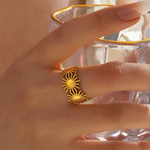 18K gold plated stainless steel sun flower ring with bead detailing for women