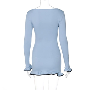 Rear view of light blue mini dress with ruffled cuffs and black trim hem detailing