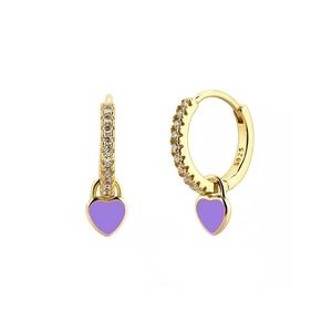 Detailed macro view showing S925 hallmark on gold heart earrings with purple enamel