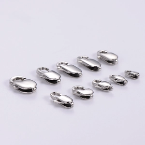 Polished silver stainless steel lobster clasps in various sizes on white background