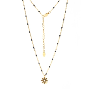 Bohemian gold stainless steel necklace with black beads and flower petal pendant
