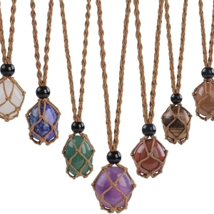 Set of 7 natural crystal stone necklaces with hand-woven brown cord and net pouches