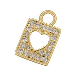 Detailed view of a gold square pendant with a hollow heart and micro-paved zircons
