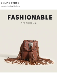 Detail of bohemian leather phone bag with metal studs, skull charm and long fringes