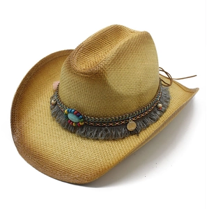 Western Cowboy Straw Hat Bohemian Ethnic Style With Faux Turquoise Beads Tassels Sun Protection Paper Breathable For Women