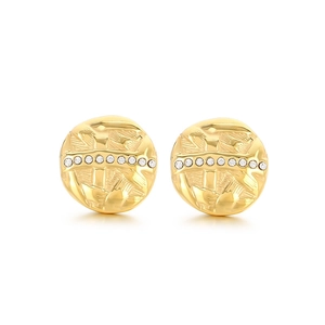 Golden round pleated stainless steel stud earrings with central white rhinestone inlay