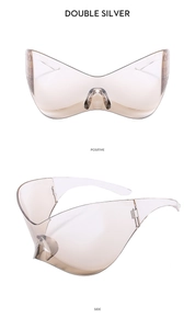 Dual view of champagne Y2K futuristic wrap sunglasses with resin frames and clear lenses