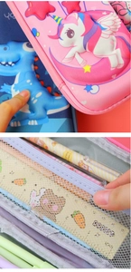 Detail of 3D embossed pink unicorn and blue dinosaur EVA cases showing soft material flex