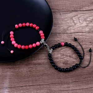 Matching magnetic couple bracelets with 8mm natural stone beads and heart magnet charm