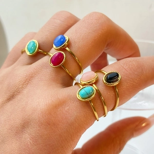 Oval Gemstone Adjustable Ring 18K Gold Plated Stainless Steel Minimalist Bohemian Jewelry For Women