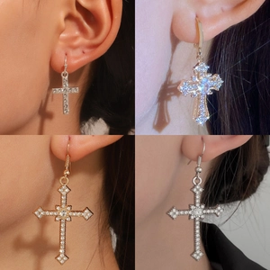 Orecchini Pendenti Croce Gotica Scura Con Lega Strass Zircone E Perno In Oro 14K Accessori Gioielli Donna