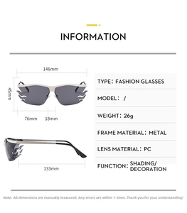 Detailed size guide for flame-shaped metal sunglasses with precise mm measurements