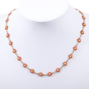 Gold 18K plated stainless steel necklace featuring red enamel daisy flower pendants