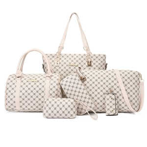 Stylish 6-piece women's beige printed handbag set with tote, crossbody and clutch bags