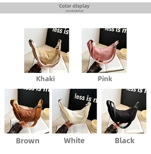 Color options of corduroy dumpling bags in khaki, pink, brown, white and black