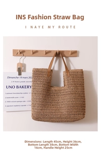 Detailed size specifications for the large straw tote bag with brown leather handles