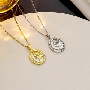 Elegant Rose Flower Oval Pendant Necklace Stainless Steel With Mother Of Artificial Pearl And Imitation Artificial Pearl French Vintage Jewelry