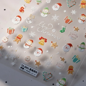 Stickers à ongles 5D de Noël avec motifs de Père Noël et d'homme en pain d'épice