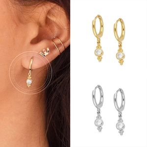 S925 silver hoop earrings with round zircon pendant available in gold and silver finish