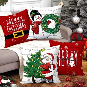 Set of 4 Christmas pillow covers with Santa and snowman prints for home holiday decor