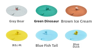 Detail of six colorful silicone cup lids with 3D cartoon animal handles on white backdrop