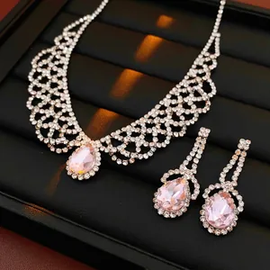 Luxury Lace Mesh Necklace Earring Jewelry Set Copper With Waterdrop Zircon Rhinestone For Women Banquet Elegant Vintage